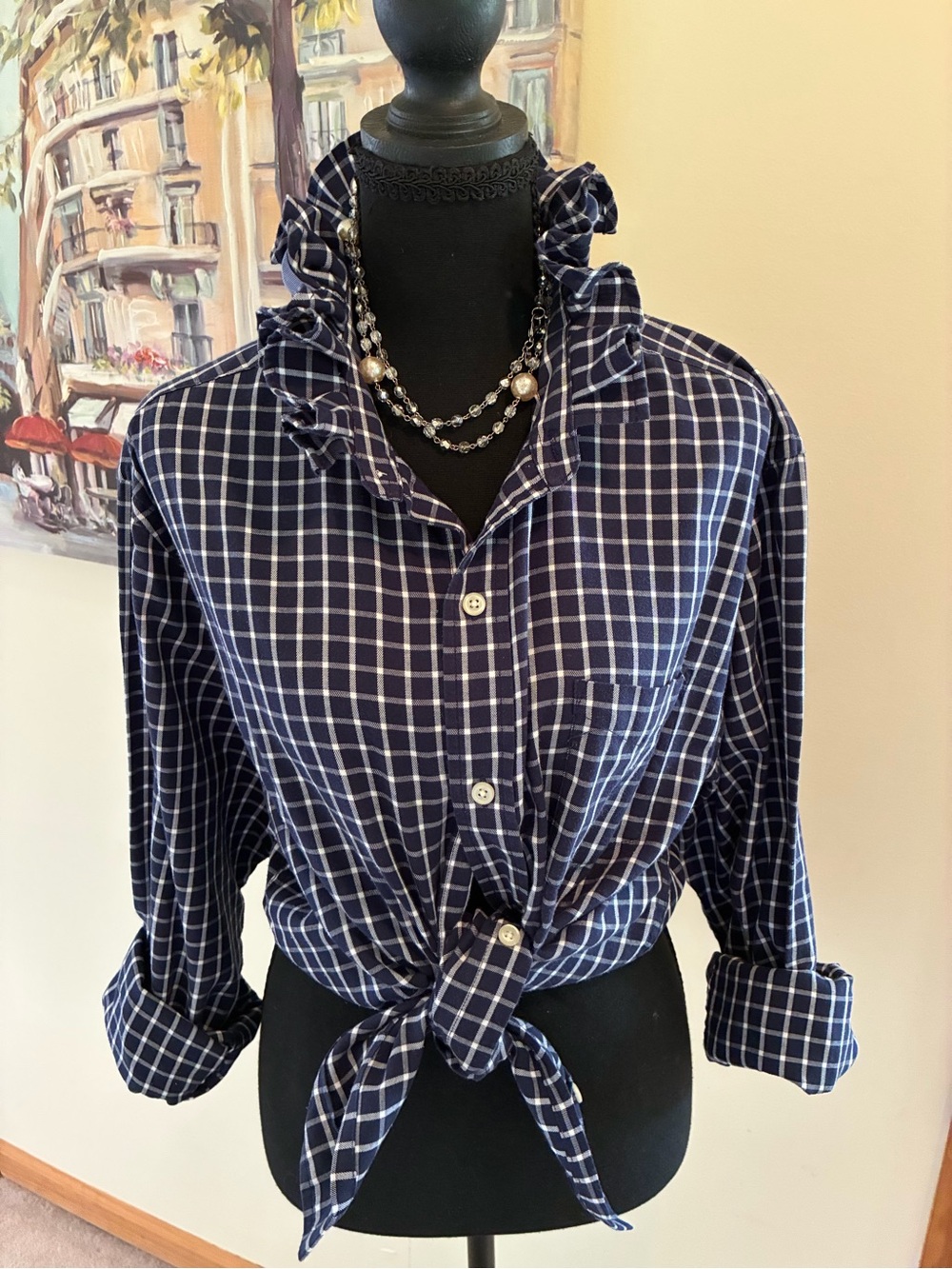 Chaps Navy and White Plaid Ruffle Collar Button-Down